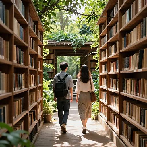 Sunlit Path Through Rustic Library