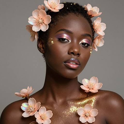 Photograph of a dark-skinned woman with glowing pink flowers in her hair and scattered on her shoulders, wearing shimmering purple eyeshadow and metallic