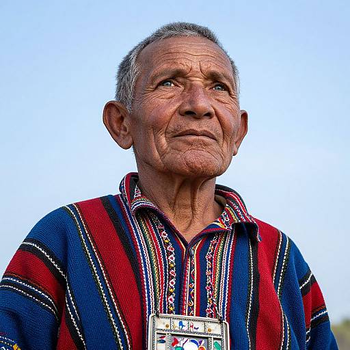 Photograph of an elderly man with wrinkled skin, short gray hair, wearing a red and blue striped shirt with a colorful embroidered name tag, looking