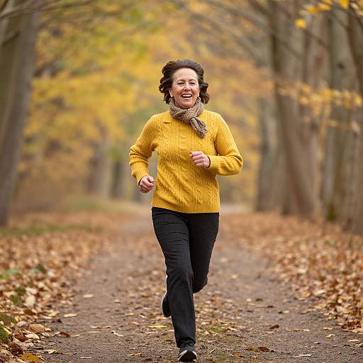 Photograph of a smiling woman jogging on a leaf-covered forest path in autumn, wearing a yellow sweater, black pants, and a gray scarf.