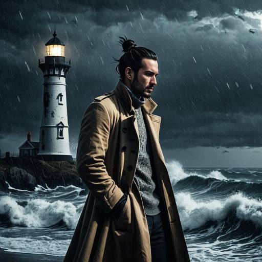 Man with Trench Coat Near Gothic Lighthouse in Storm