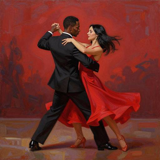 Photograph-style painting of a Black man in a black suit and a Latina woman in a flowing red dress dancing passionately against a vibrant red backdrop.