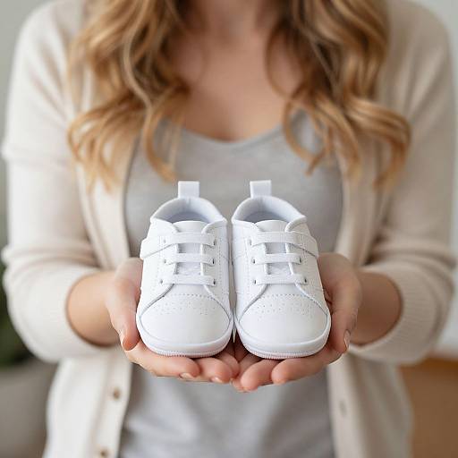 Photograph of a woman with wavy blonde hair, wearing a white cardigan and gray shirt, gently holding white baby shoes.