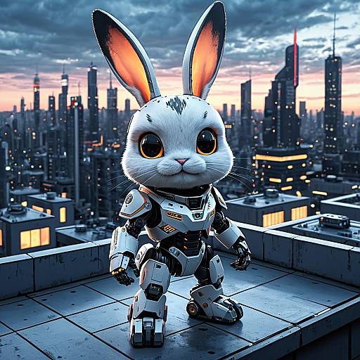 Robot Rabbit on Futuristic City Rooftop