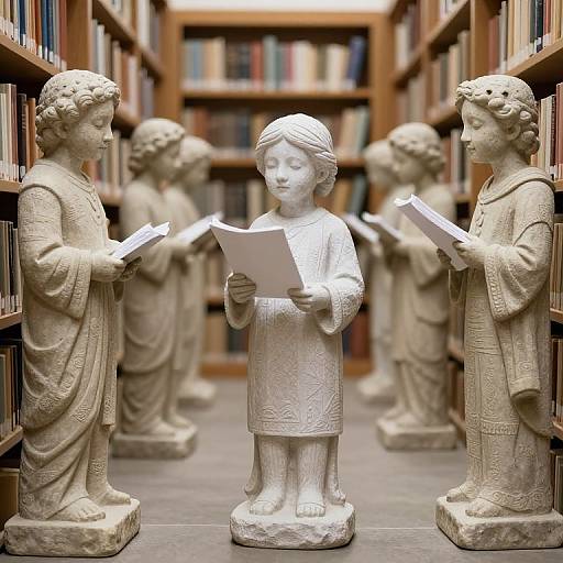Photograph of six white marble statues of children in robes, standing in a library aisle, reading books, with tall wooden bookshelves in the background