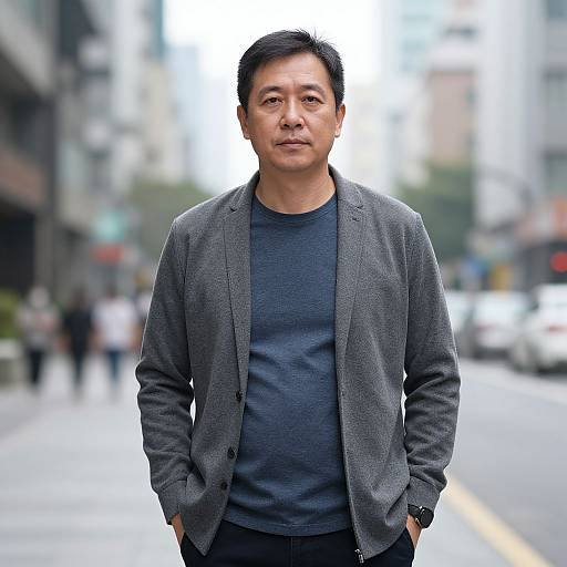 Photograph of an Asian man with short black hair, wearing a gray blazer over a blue shirt, standing on a blurred city street. Hands in