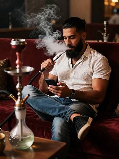 Relaxed Man Smoking Shisha on Sofa