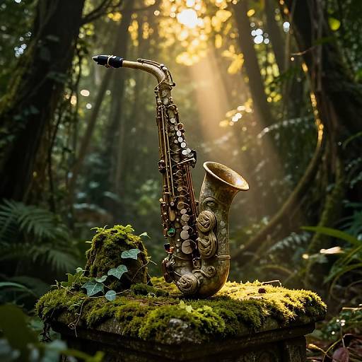 Photograph of a steampunk-style saxophone and trumpet on moss-covered stone, set in a sunlit, dense forest with beams of light filtering