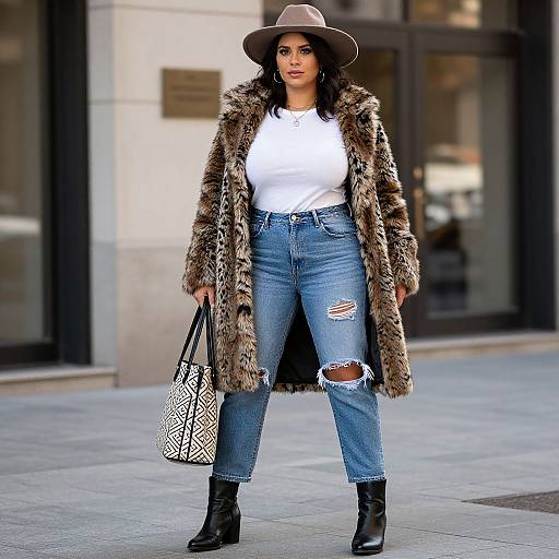Photograph of a confident woman in a brown fur coat, white tee, ripped blue jeans, black boots, and brown hat, holding a patterned