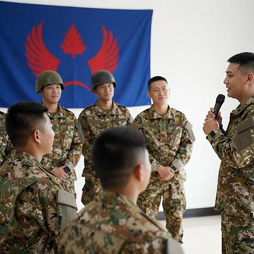 Group of Soldiers Listening to Speaker Indoors