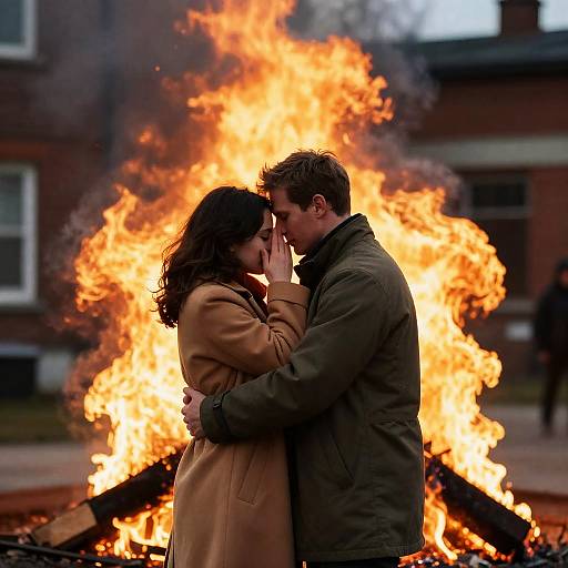 Embrace Amidst Fiery Chaos