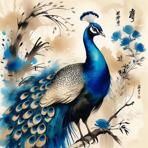 Majestic Peacock in Ink Wash Art