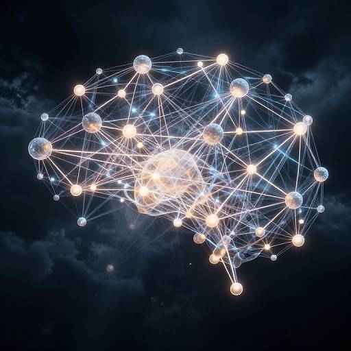 Digital artwork of a glowing, interconnected network of white and blue spheres against a dark, cloudy sky, resembling a cosmic web.