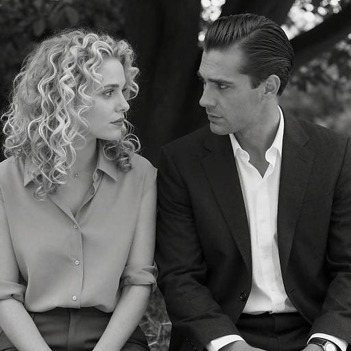 Black-and-white photograph of a curly-haired woman in a blouse and a suited man with slicked-back hair, sitting closely and intensely gazing at each