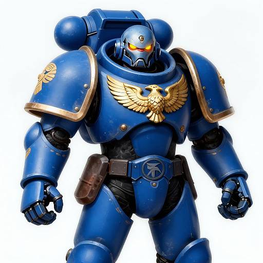 Photograph of a blue, armored robot with gold-winged chest emblem, red glowing eyes, and brown belt, standing against a white background.