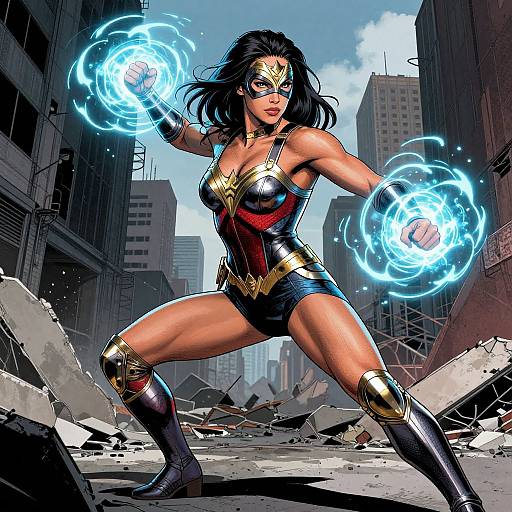 Digital art of Wonder Woman in a ruined city, wielding glowing blue energy in both hands, wearing her iconic red, gold, and black costume. Her