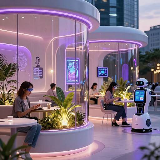 Photograph of futuristic, neon-lit cafe with glass-domed booths, robotic server, and people using laptops and tablets, surrounded by potted plants