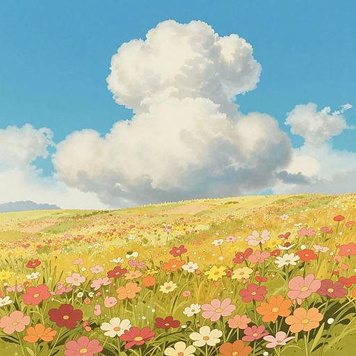 Colorful Flower Field with Blue Sky and Clouds