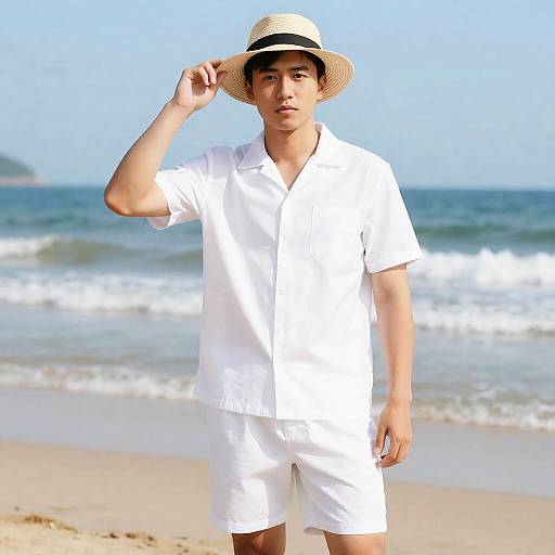 Photograph of a young Asian man in white shirt and shorts, wearing a straw hat, standing on a sunny beach with blue ocean waves in the background