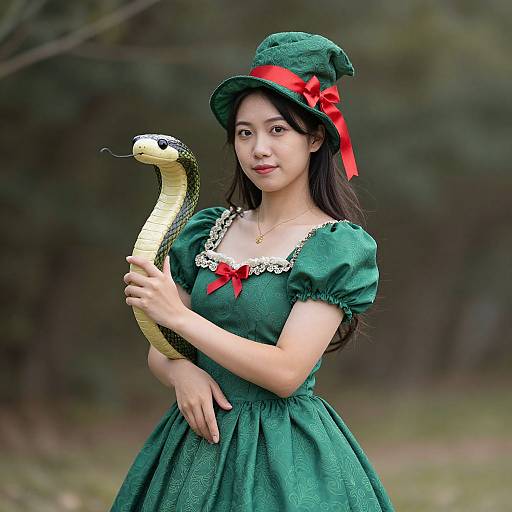 Asian woman with long black hair in a green dress and hat holds a yellow snake, standing in a forest. Photographic image.