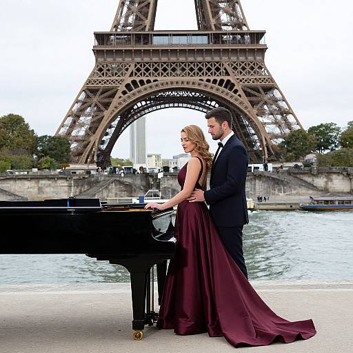 Photograph of a blonde woman in a maroon gown and a man in a black suit playing a grand piano in front of the Eiffel Tower