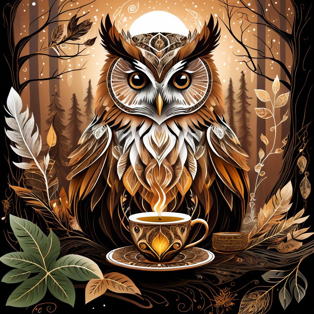 Mystical Owl Enjoying Herbal Tea