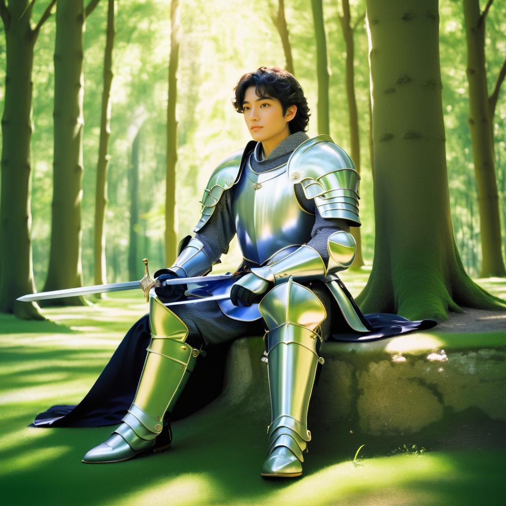 Brave Knight in a Sunlit Forest Clearing