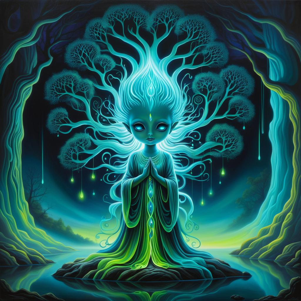 Mystical Tree Spirit in Bioluminescent Drapes