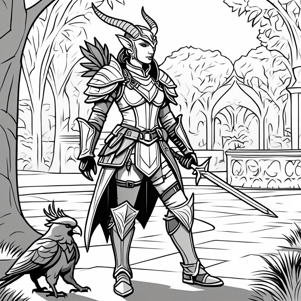 Tiefling in Armor Strolling with Parrot