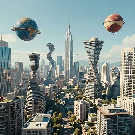 Photorealistic CGI of a futuristic cityscape with floating, orb-shaped buildings, twisted skyscrapers, and a high-rise skyline under a clear blue