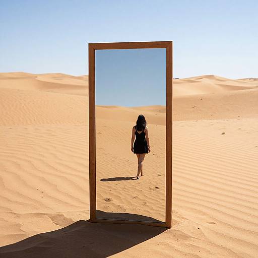 Photograph of a mirrored frame in a vast desert, reflecting a silhouette of a woman in a black dress walking away. Clear blue sky, golden sand
