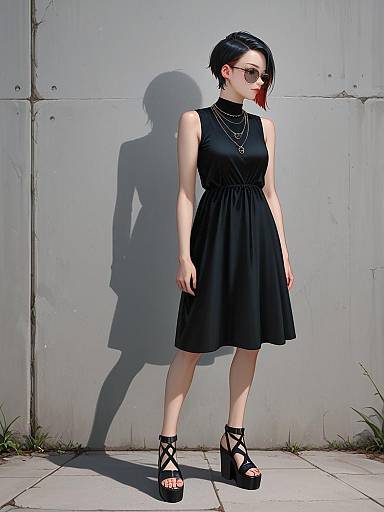 Photograph of a pale-skinned woman with short black hair, red lipstick, sunglasses, black sleeveless dress, layered necklaces, and black platform