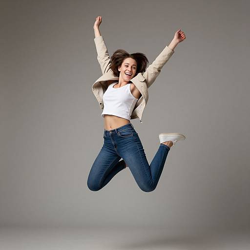 Photograph of a joyful, young woman with dark hair, mid-air jump. She wears a white crop top, beige jacket, and blue jeans,