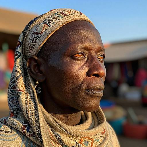 Photograph of a dark-skinned African woman with a patterned headscarf, golden eyes, and serious expression, against a blurred market background.