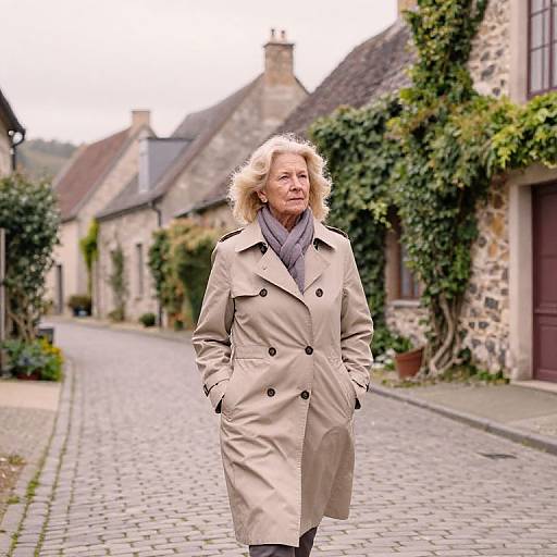 Photograph of an older blonde woman in a beige trench coat and gray scarf, walking down a cobblestone street in a quaint, stone-built village