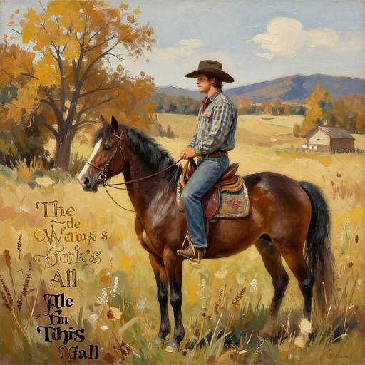 Photograph-style painting of a cowboy in a brown hat, plaid shirt, and jeans riding a brown horse in a golden autumn field. Text reads