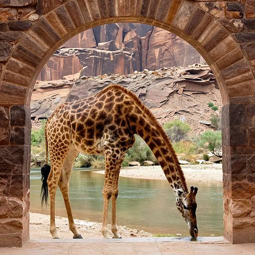 Photograph of a giraffe with a golden-brown coat and dark patches, drinking from a river, framed by a rustic stone archway, with