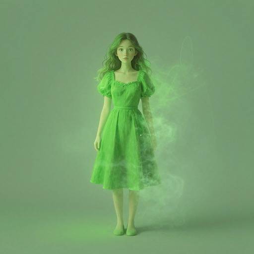 Photograph of a young woman with green-tinted hair and green dress, standing against a green background, surrounded by green mist.