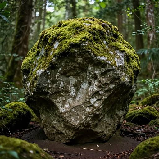 Photograph of a large, moss-covered rock in a lush, green forest, surrounded by smaller mossy rocks, with sunlight filtering through dense trees in