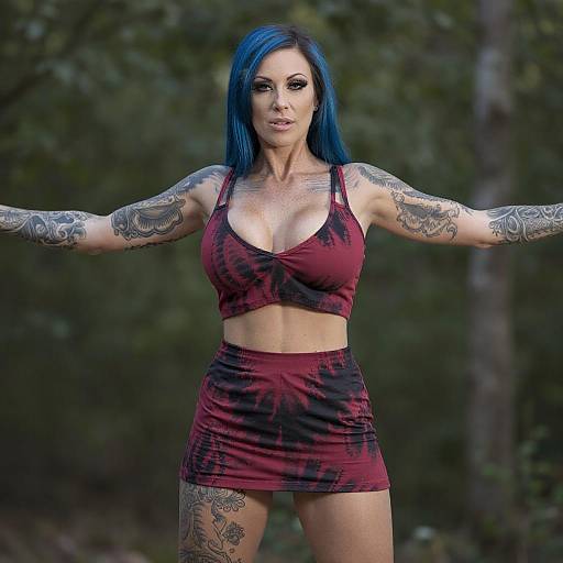 Tattooed Woman with Blue Hair Outdoors