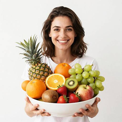 Smiling brunette woman holding a white bowl filled with various fruits including pineapple, orange, kiwi, strawberries, grapes, and apple. Photographic image