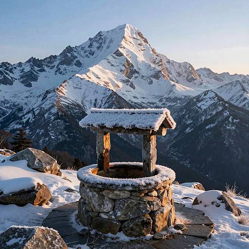 Majestic Snowy Mountain with Frosted Granite Well