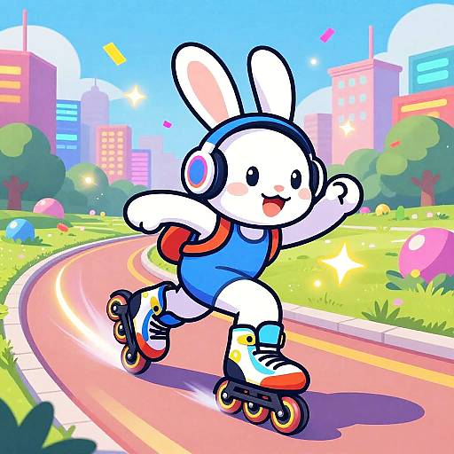 Energetic Bunny Rollerblading in Neon Park