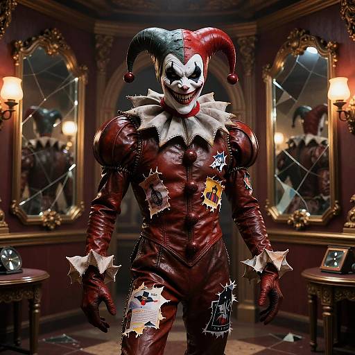 Digital art of a muscular, sinister clown in a red-and-black jester outfit, grinning with sharp teeth, in an ornate, dimly