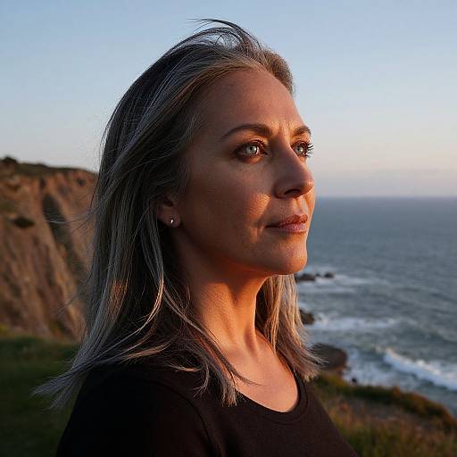 Photograph of a silver-haired woman with fair skin, wearing a black top, standing by a rocky coastal cliff at sunset.