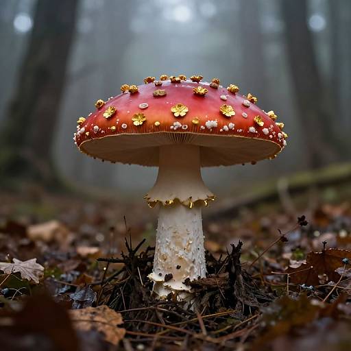 Photograph of a red-capped mushroom with yellow and white flower-like spots, standing in a foggy forest, surrounded by fallen leaves and moss-covered