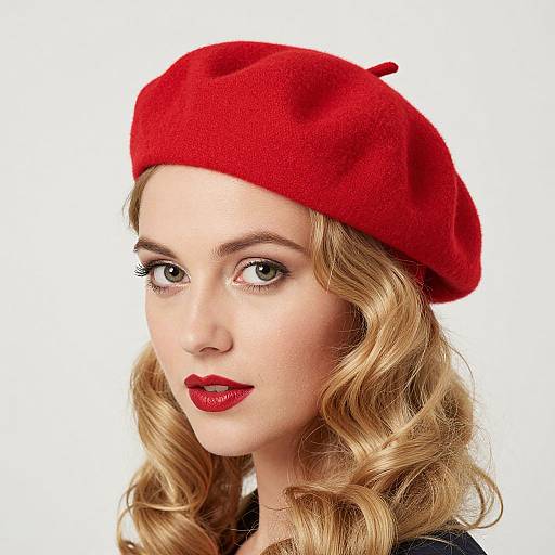 Photograph of a fair-skinned woman with curly blonde hair, wearing a bright red beret and matching red lipstick, against a white background.
