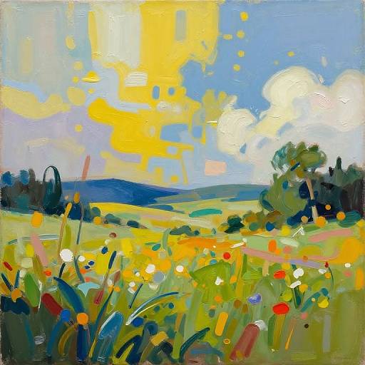 Vibrant oil painting of a sunny meadow with colorful wildflowers, yellow and blue sky, fluffy clouds, and distant green hills.