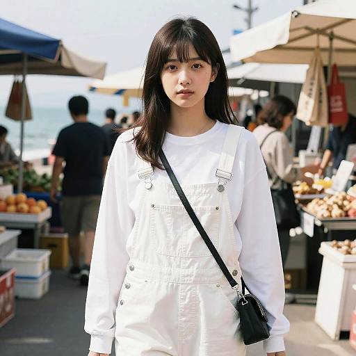 Photograph of an East Asian woman with long black hair, wearing a white shirt and black crossbody bag, standing at a bustling outdoor market with vendors
