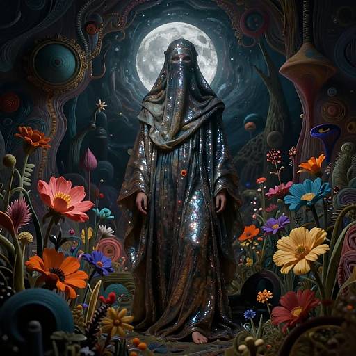 Mysterious, glowing-robed figure stands center in a surreal, dark forest with vibrant, multicolored flowers, under a full moon. Digital art